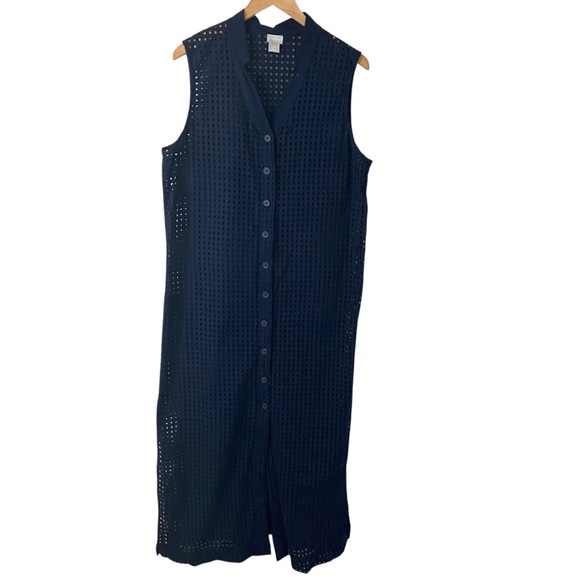 Chico’s Maxi Dress Eyelet Notch Collar Dress Duster Navy Blue Open Knit Sz 3(16) - Picture 1 of 8